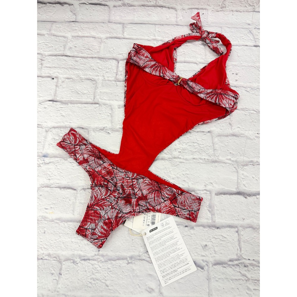 La Perla Red Tropical Trikini Cutout One Piece Swimsuit Halter NWT Sz 10 Beach - Picture 7 of 12